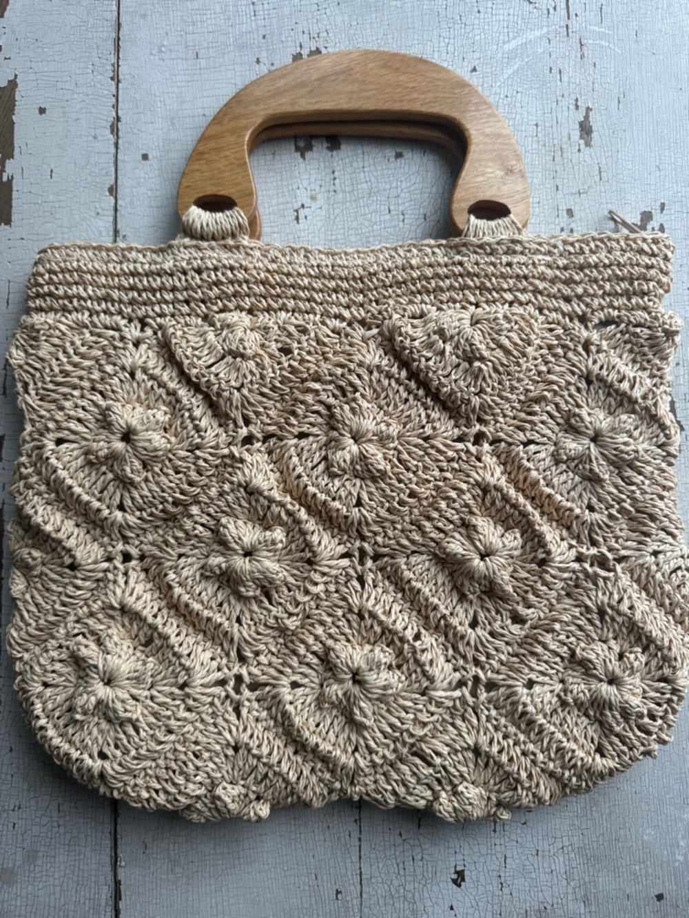 Vintage Crochet Straw Tote with Wooden Handle - Picture 2 of 3